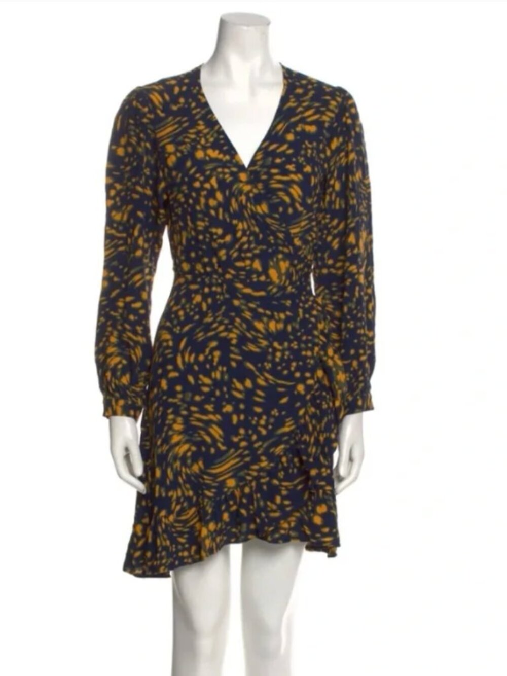 Maje Rosetta Swirling Dot Wrap Dress Ruffle Mini Navy Yellow Size 1 - Picture 3 of 12